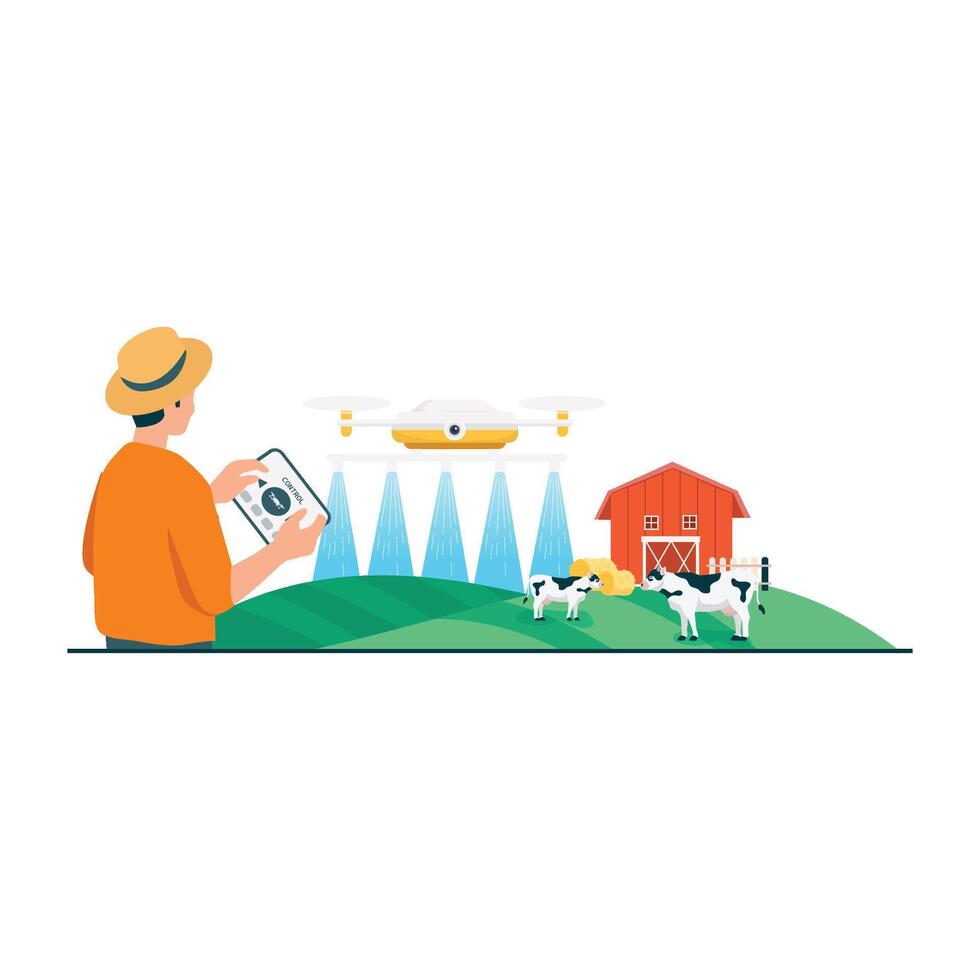 Drones are used by farmers to monitor cattle and land conditions from the sky using tablet-based systems. vector