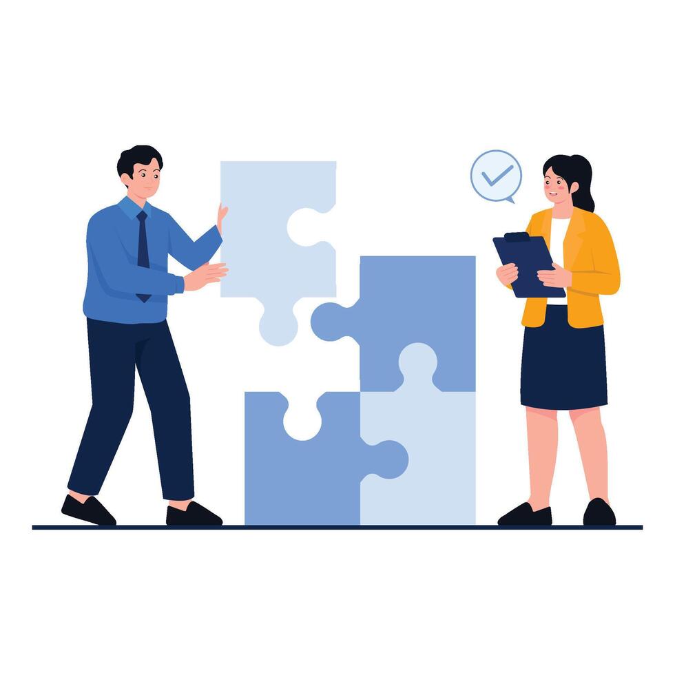 A man and woman collaborate to complete a large puzzle, symbolizing teamwork and strategic problem-solving in business. vector