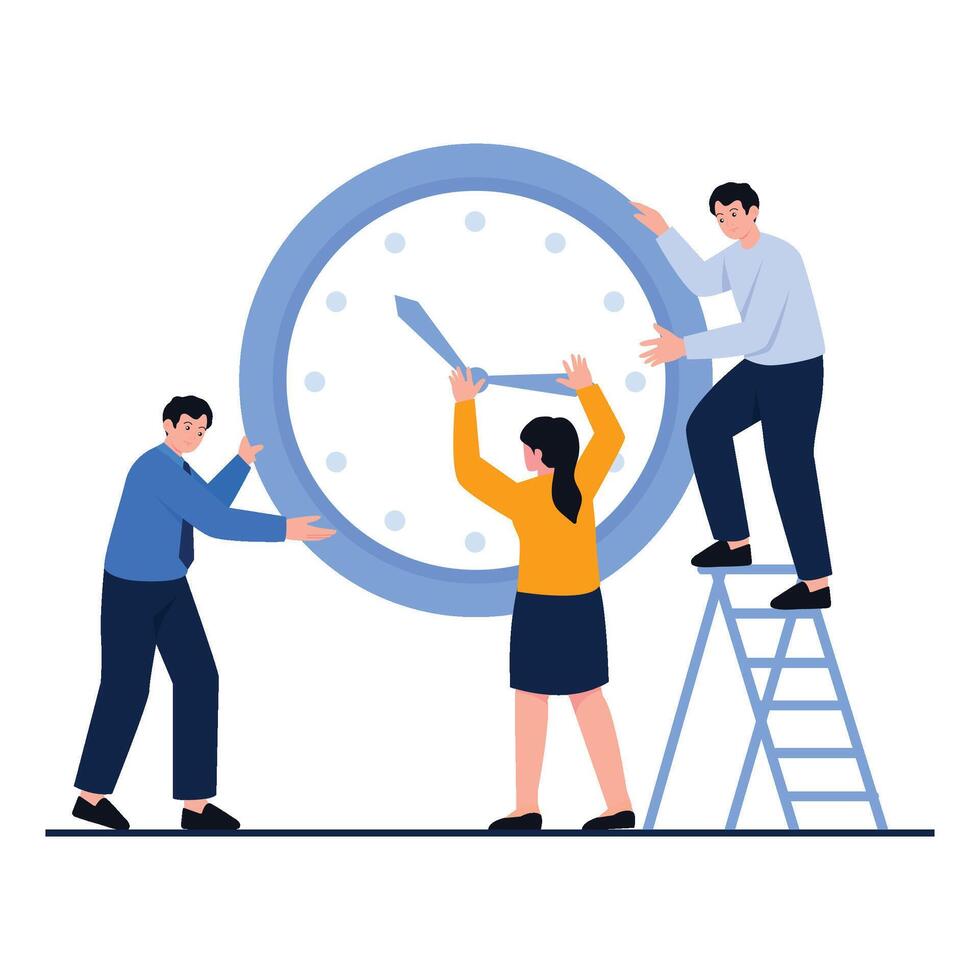 A group of employees adjusts a large clock together, illustrating collaboration in managing time efficiently. vector