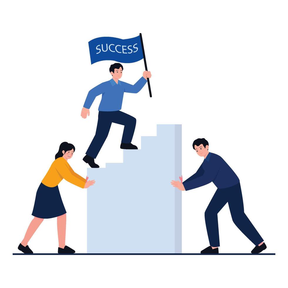 A team helps one member climb stairs while holding a success flag. vector