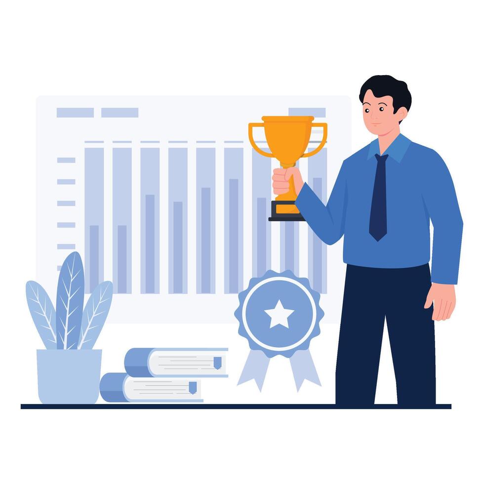 A businessman holds a trophy in front of a performance chart, representing achievement and business growth. vector