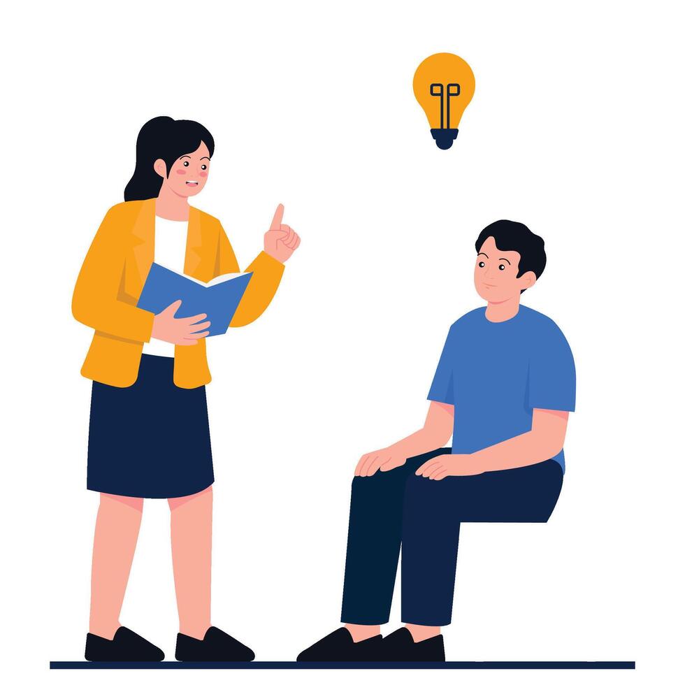 Woman teaching man with light bulb idea vector