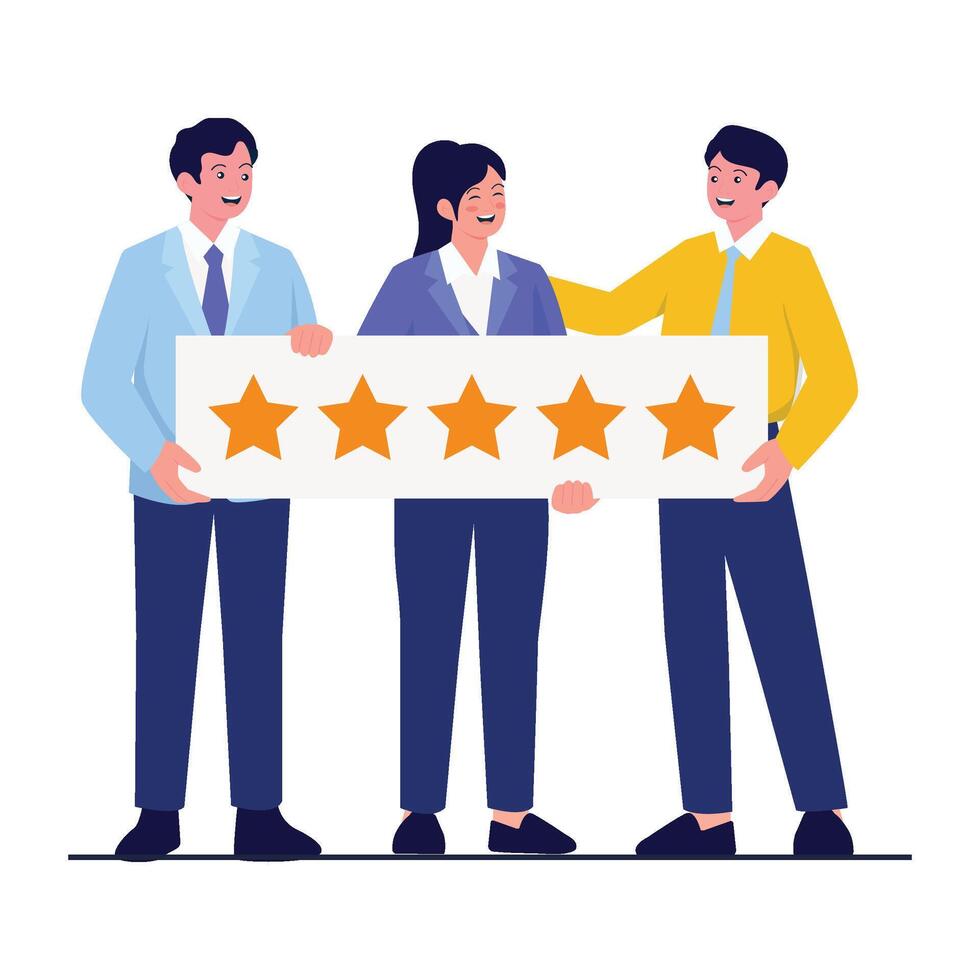 Three happy coworkers proudly holding a five-star review banner to reflect outstanding teamwork. vector