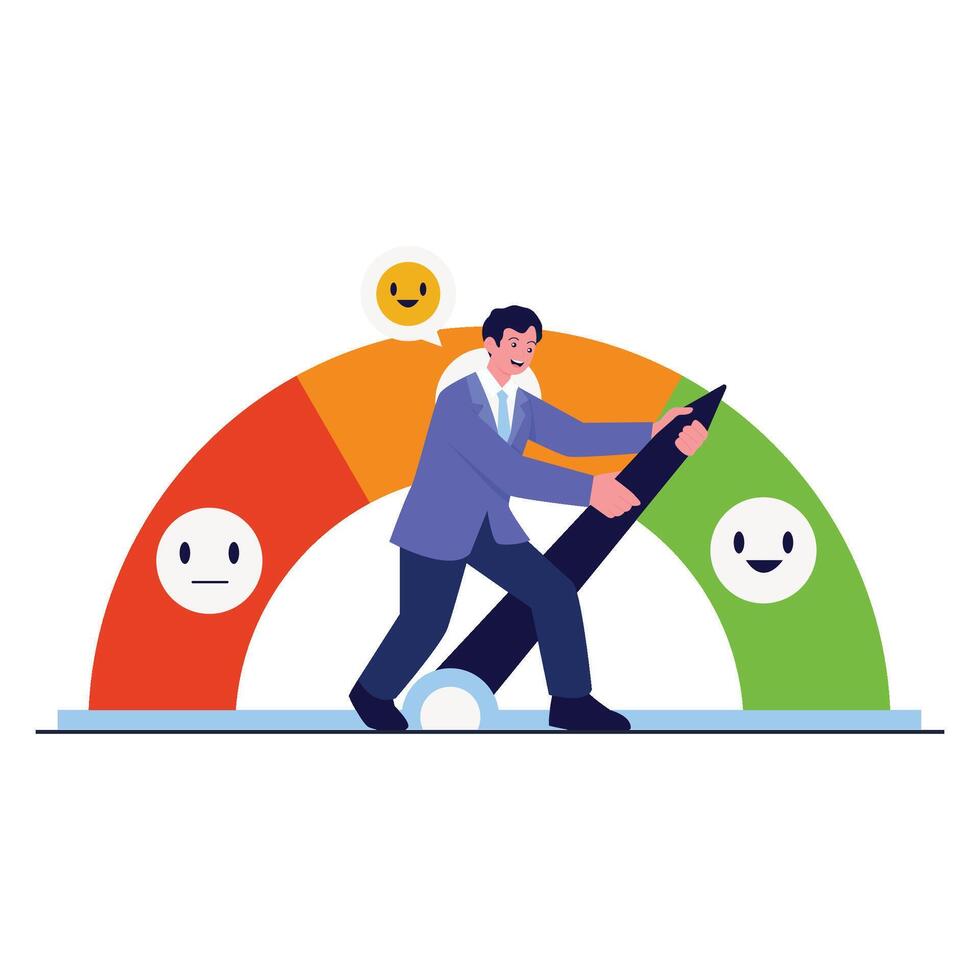A businessman adjusts the pointer on a satisfaction meter showing various emoji-based responses. vector