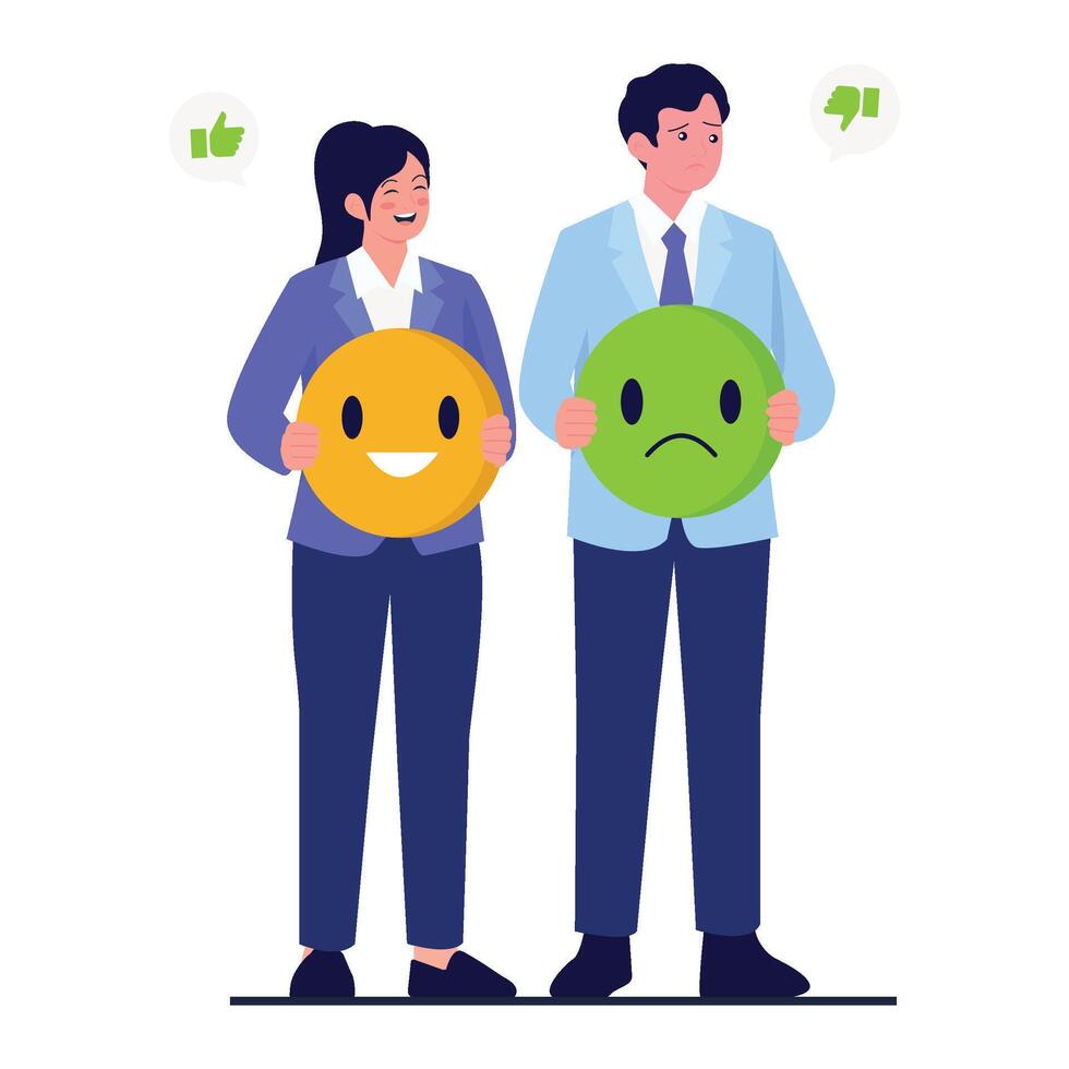 Two employees holding emoji icons showing contrasting emotions to express approval and disapproval. vector