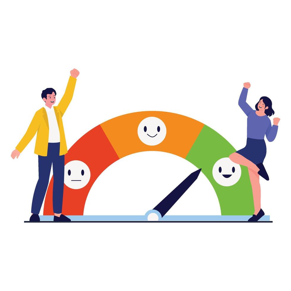 Two happy employees celebrating a maximum rating on a colorful satisfaction meter gauge. vector