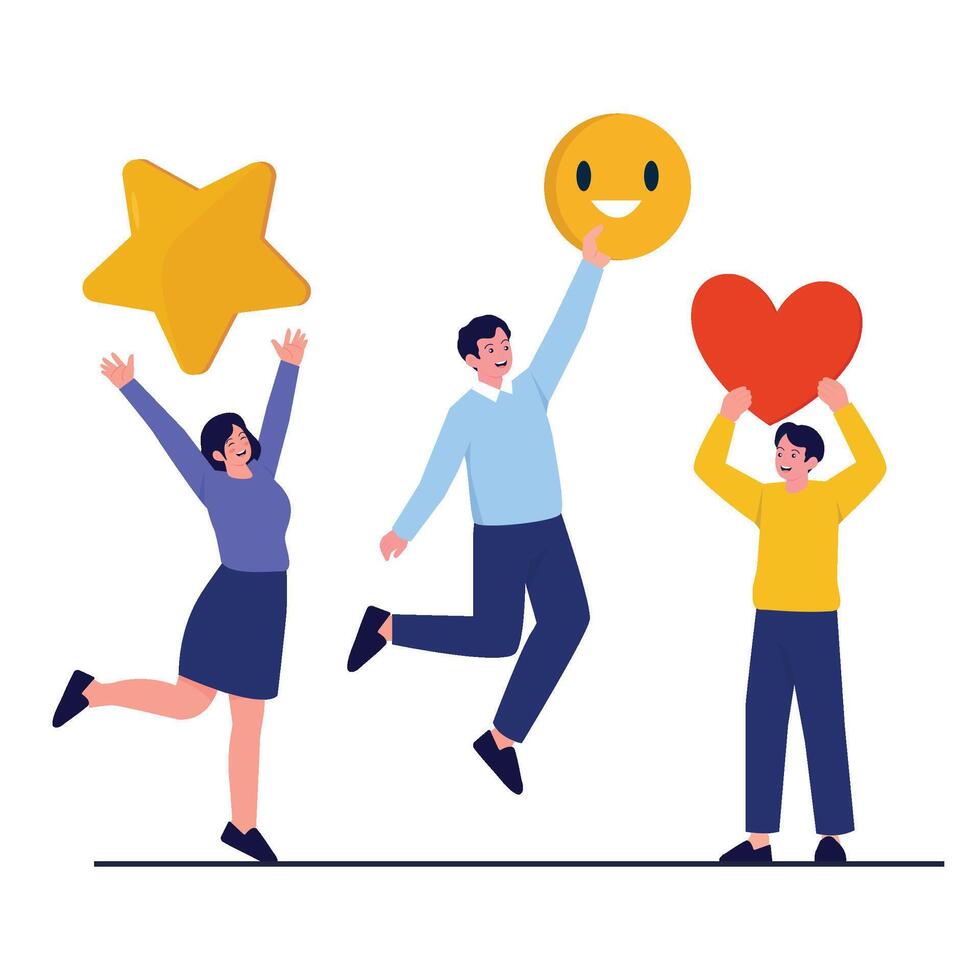 Group of people cheerfully holding icons representing star, smiley face, and heart to express satisfaction. vector