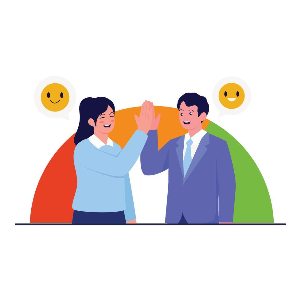 Two employees giving a high five in front of a satisfaction scale with happy emoji icons. vector