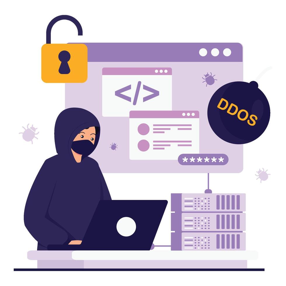 A hacker initiates a DDOS attack on servers using malicious code and scripts. vector