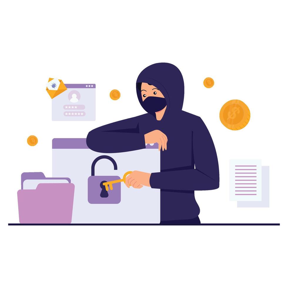 A masked hacker uses a key to unlock secured data and breach sensitive information. vector