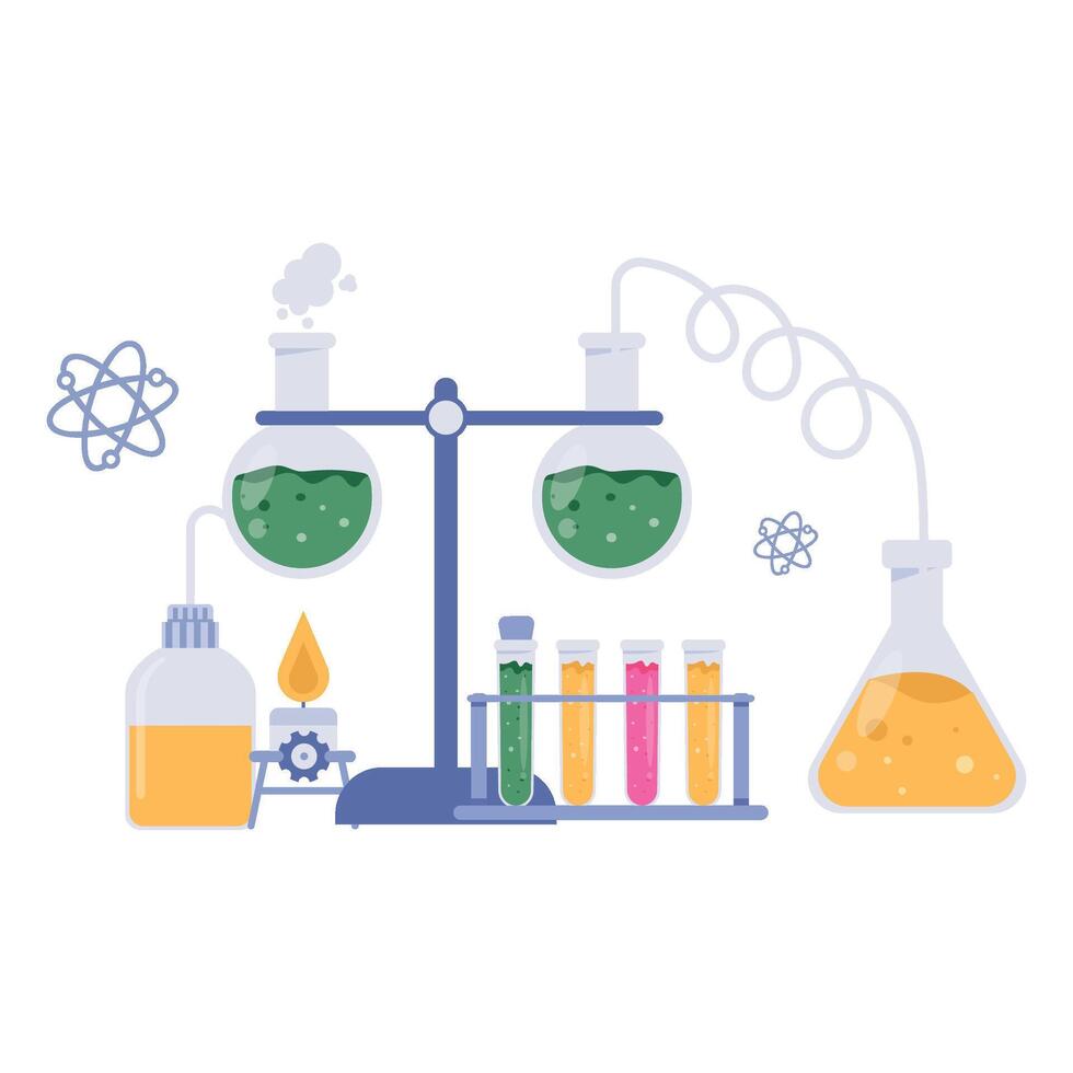 Illustration of science books with test tubes, globe, syringe, and chemical formulas for global education themes. vector