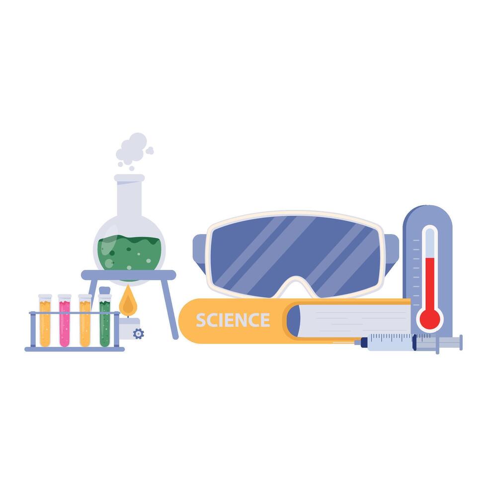 Flat style microscope with open science book, formula board, colorful test tubes, and experiment tools. vector
