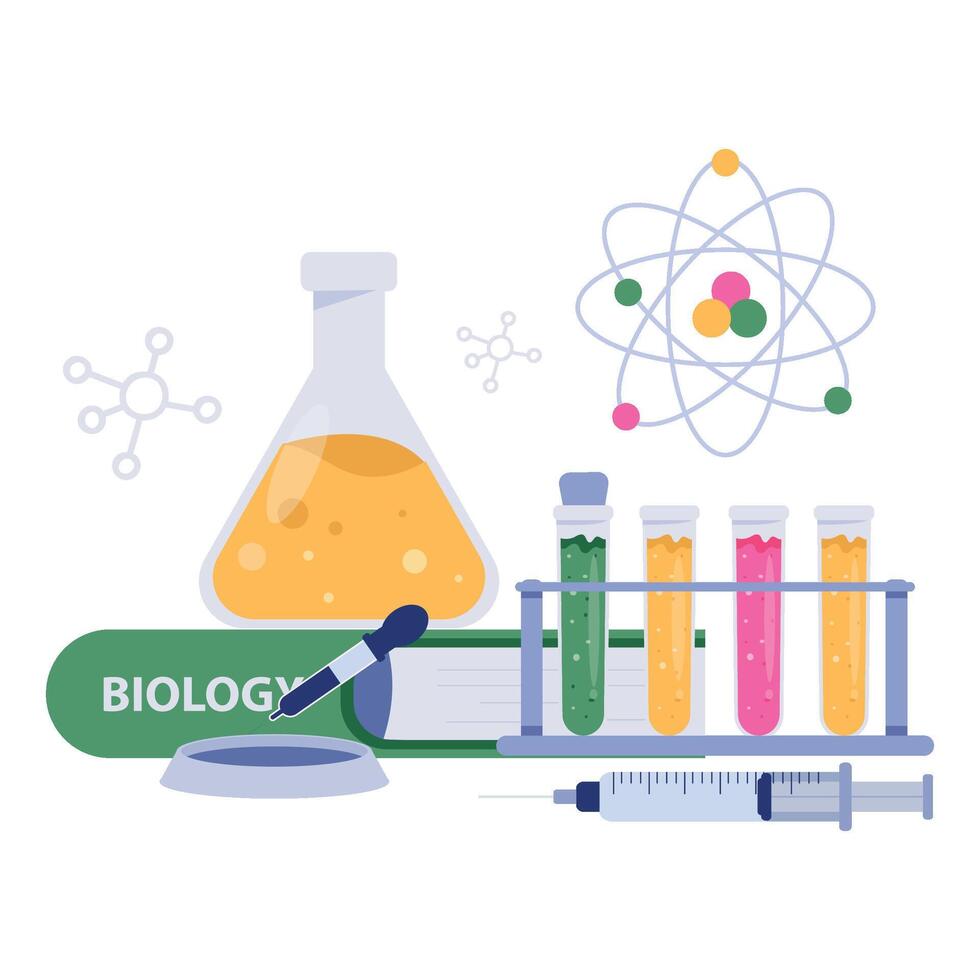 Science tools including beaker, dropper, syringe, biology book, and molecular symbols for academic content. vector