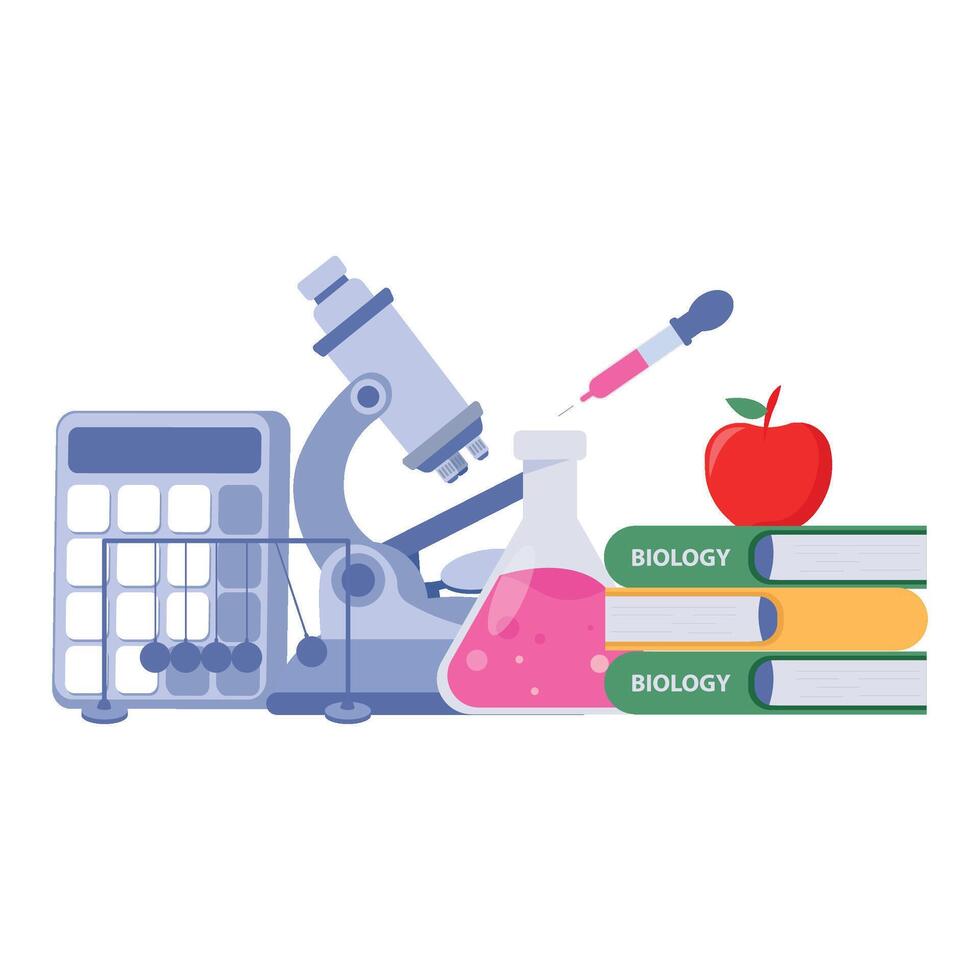 Illustration of science tools like microscope, books, apple, pink liquid, calculator, and syringe for education. vector