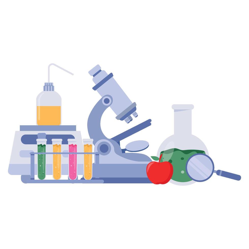 Educational layout with microscope, test tubes, magnifier, apple, flask, and liquid bottle for lab study. vector