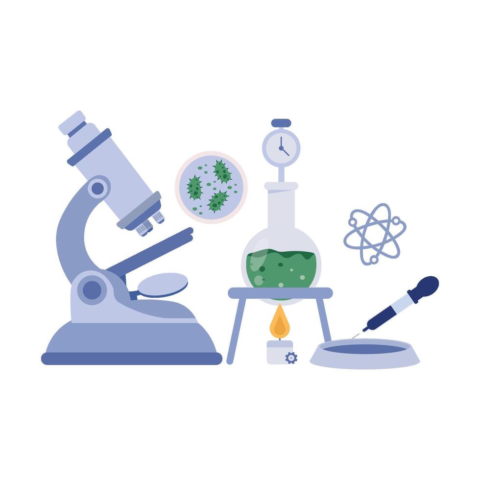 Lab equipment including microscope, petri dish, burner, and green liquid flask for microbiology research. vector