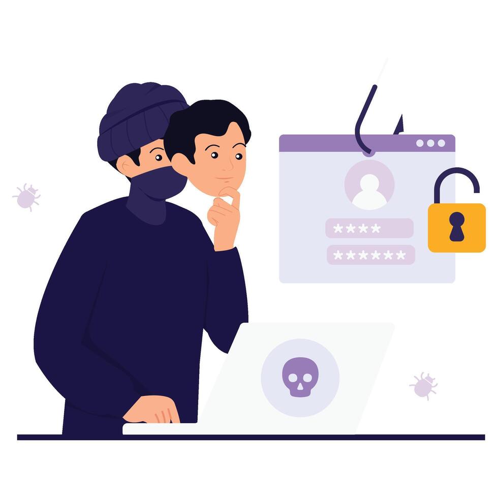 A hacker uses a fake face mask to impersonate a victim and steal their login credentials online. vector