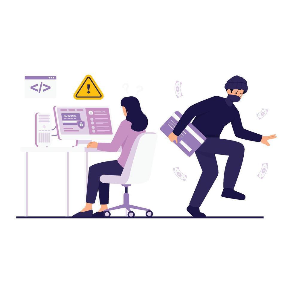 A thief steals sensitive banking data while the user is unaware, exploiting system vulnerabilities. vector