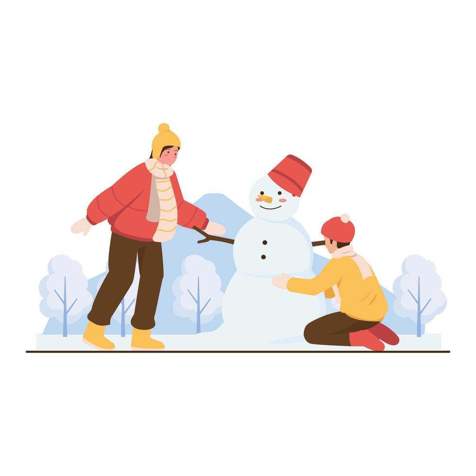 Two travelers build a snowman together during a snowy vacation. vector