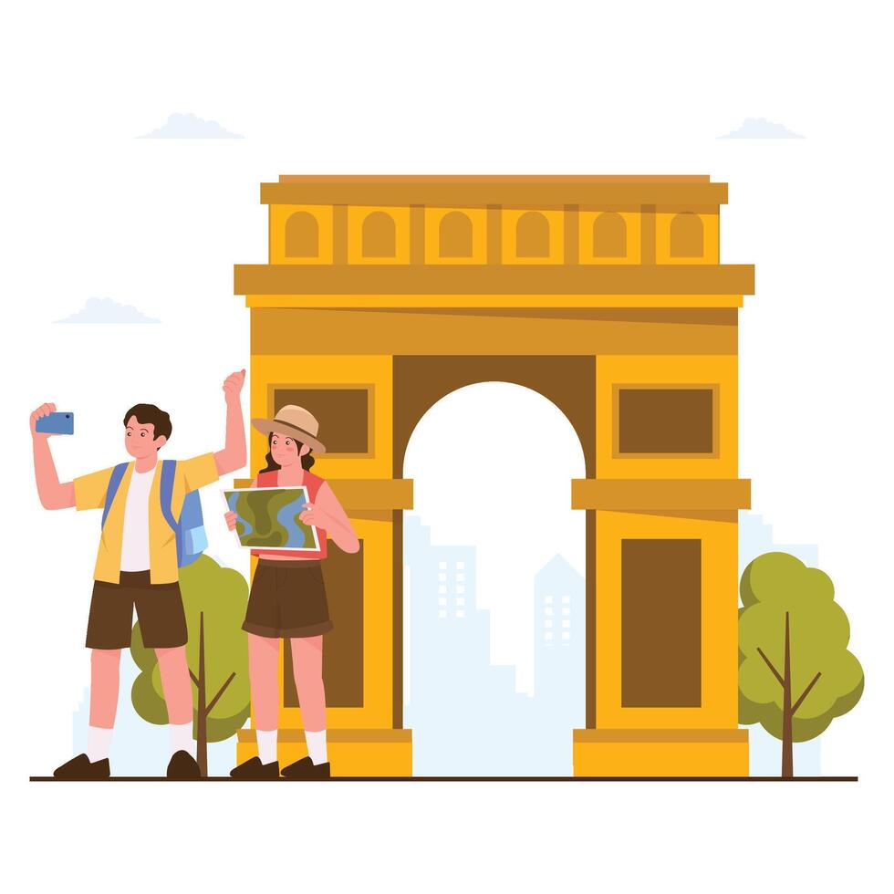 Tourists exploring and taking photos near the iconic Arc de Triomphe in Paris. vector