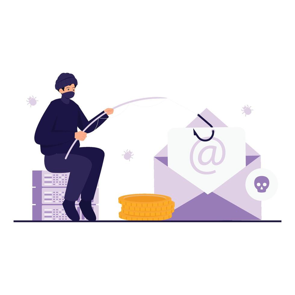 A masked hacker uses a phishing hook to steal personal email data for financial gain. vector