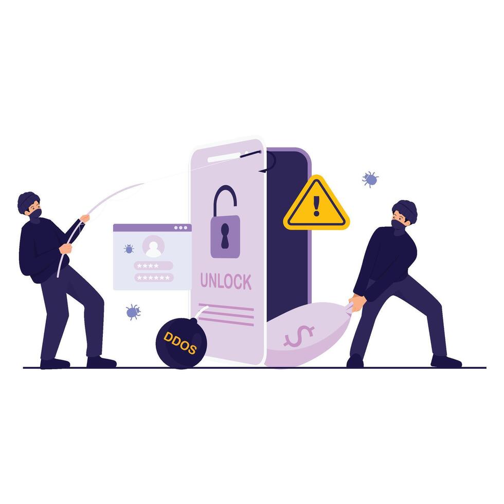 Cybercriminals launch a phishing and DDOS attack to unlock and drain money from a mobile device. vector