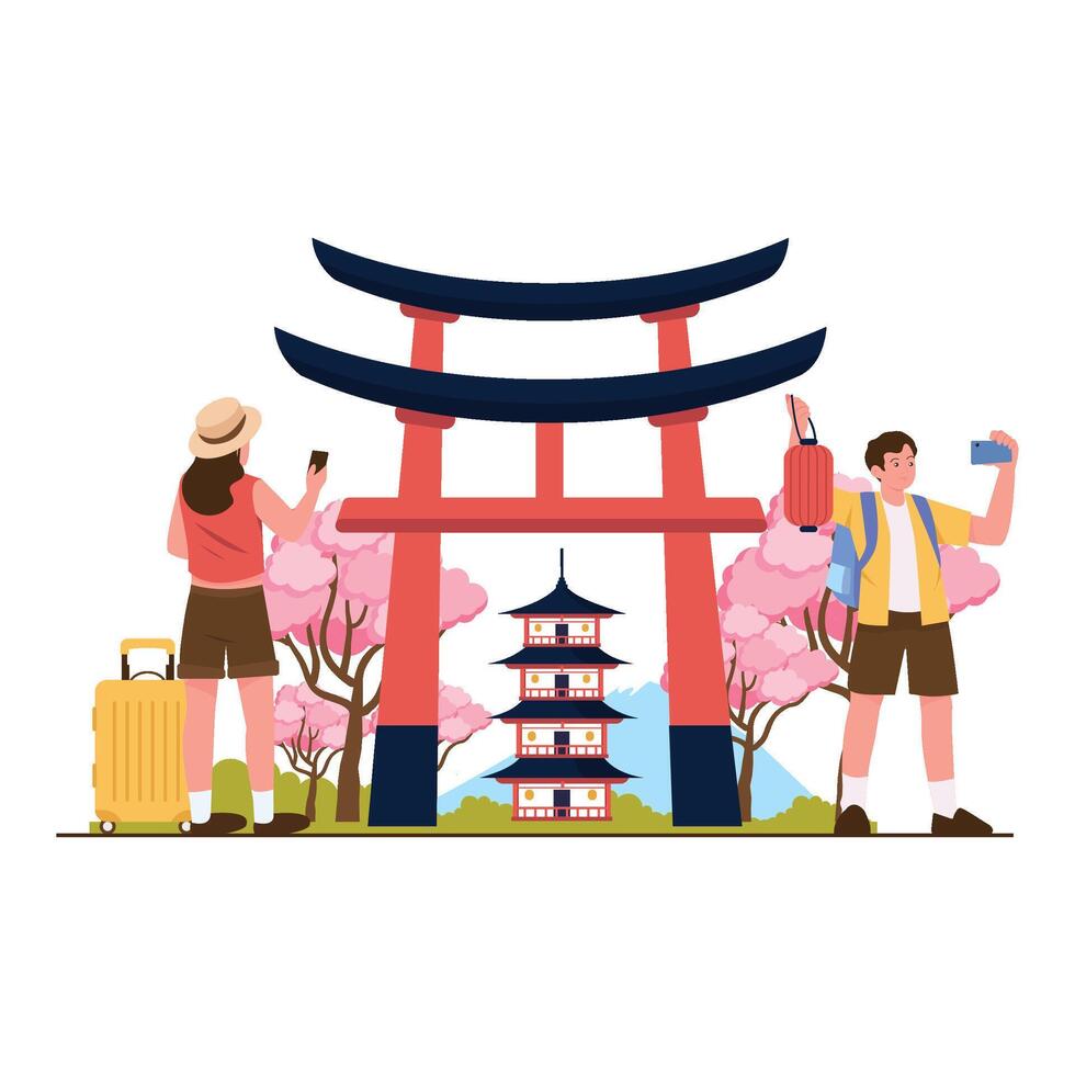 Tourists pose near a Japanese torii gate surrounded by cherry blossoms. vector