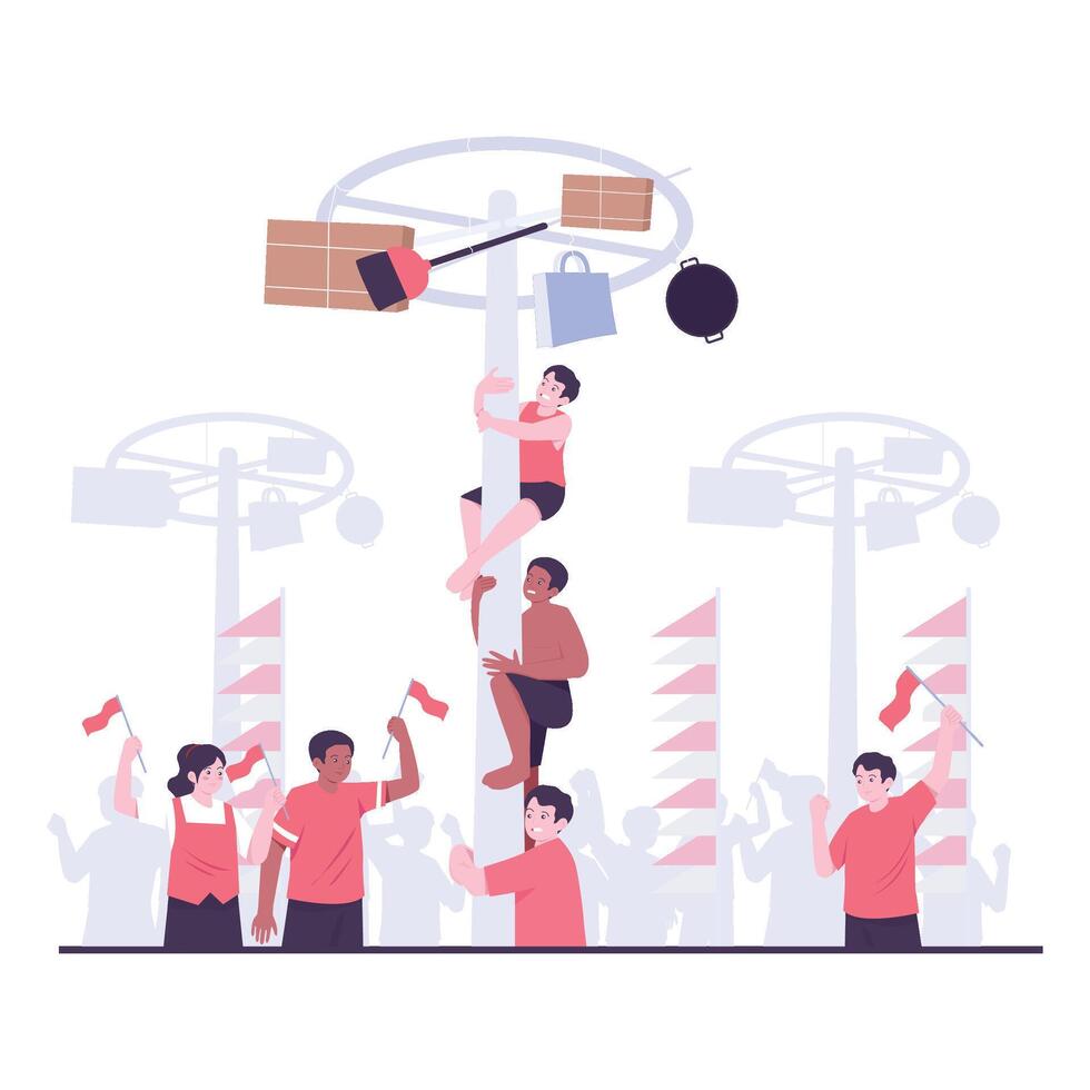 People climbing slippery poles in the iconic Panjat Pinang game for prizes. vector
