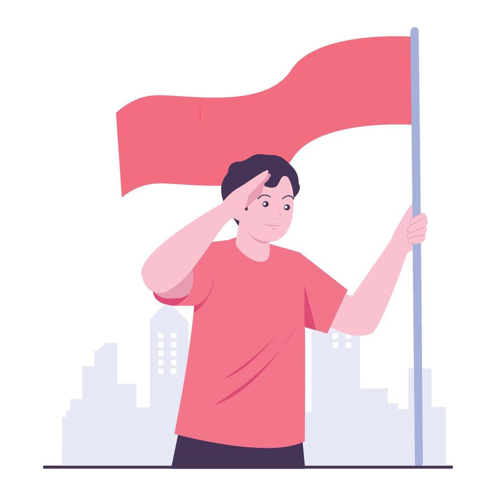 A young person salutes while holding the national flag proudly. vector