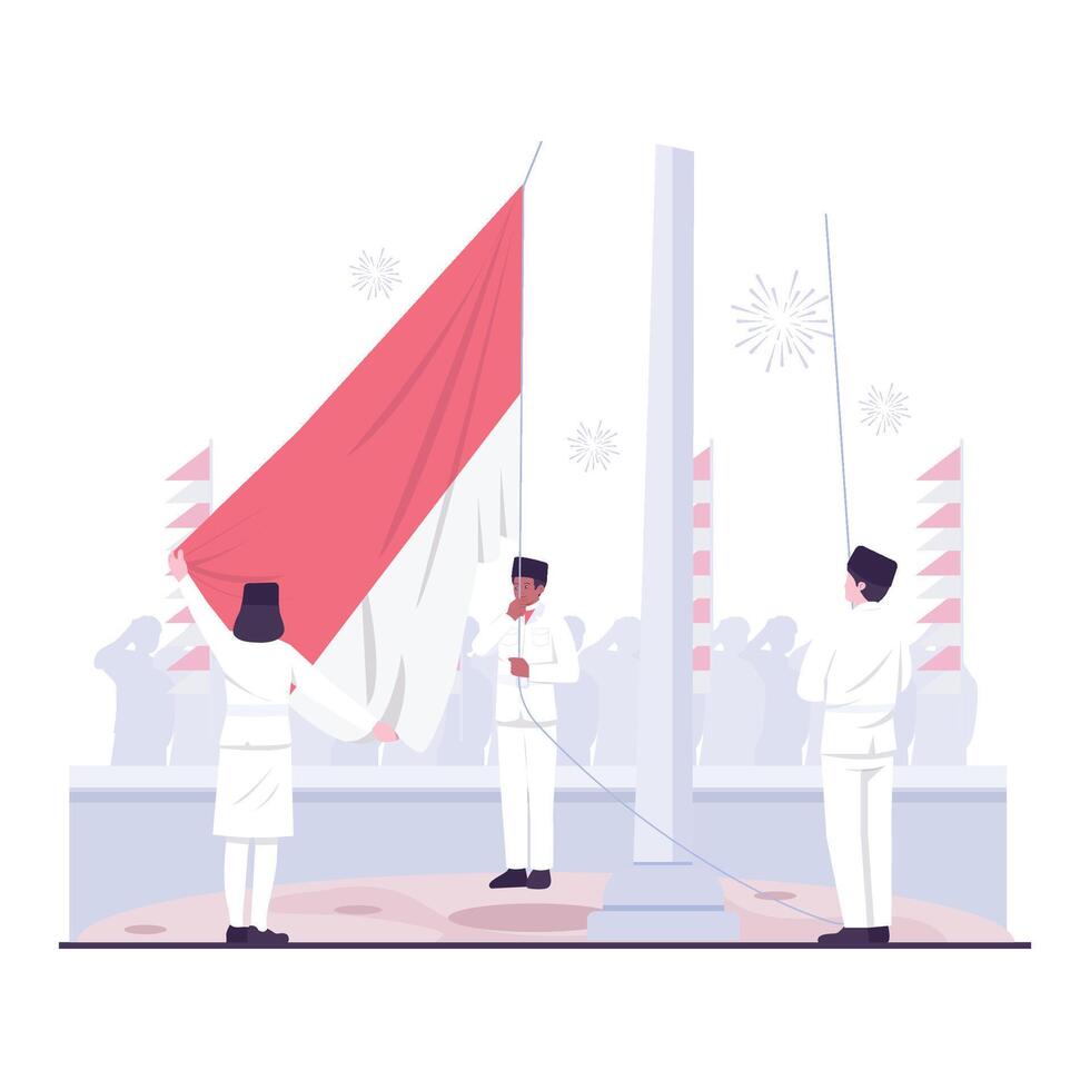 Scouts performing the flag-raising ceremony in honor of Indonesia independence. vector