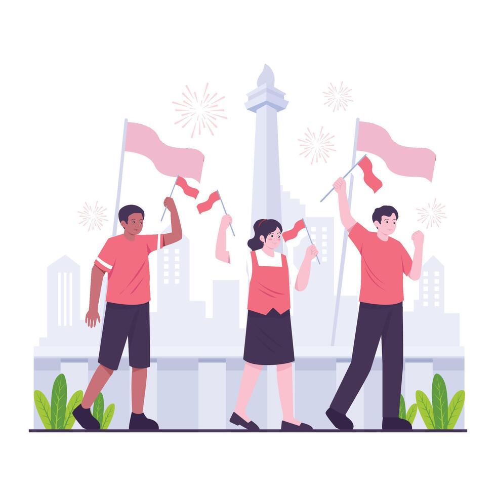 Group of people marching with flags to celebrate Indonesia Independence Day. vector