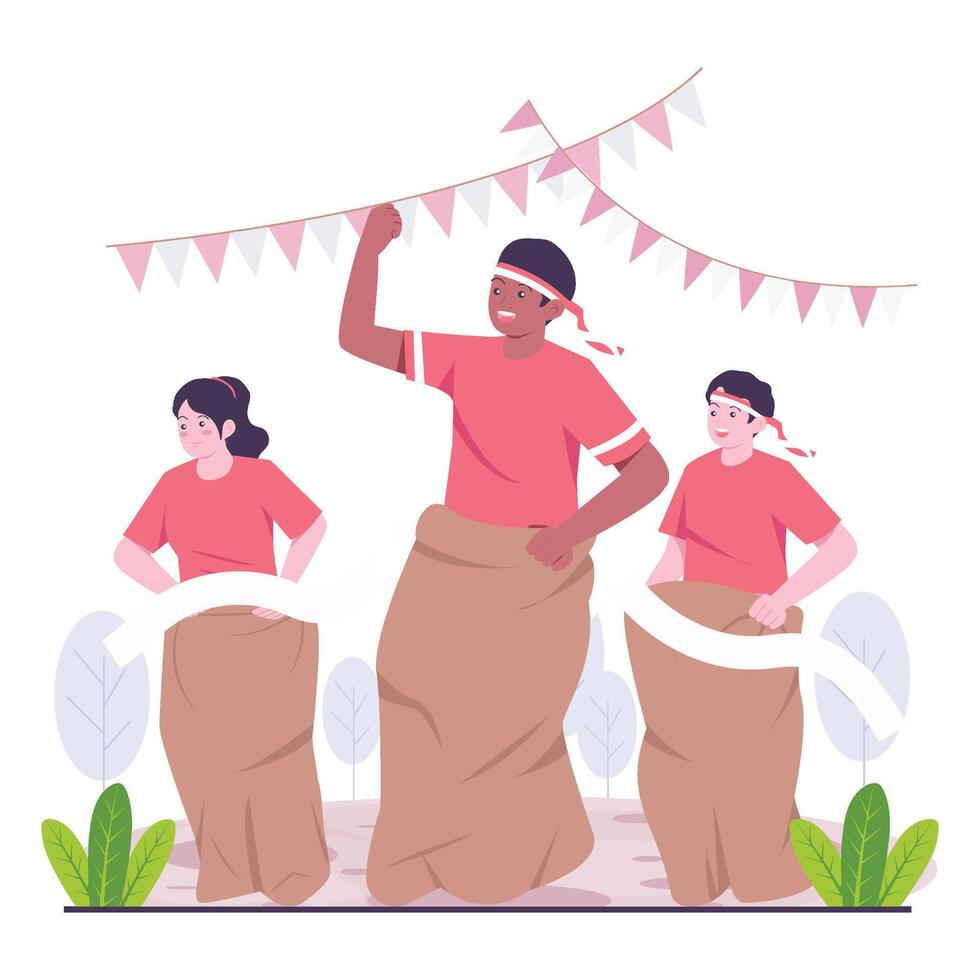 Children joining a traditional sack race during Indonesian Independence Day celebration. vector