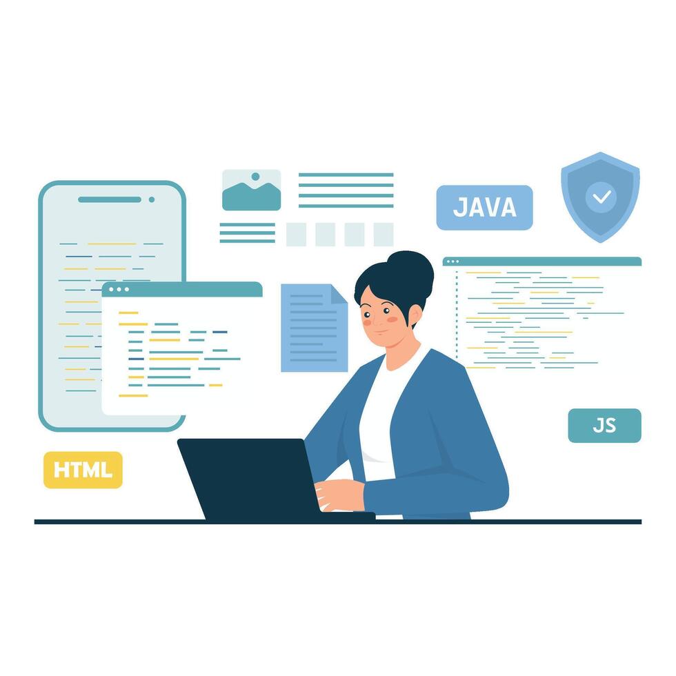 A woman is coding on a laptop surrounded by programming languages and UI interface elements. vector