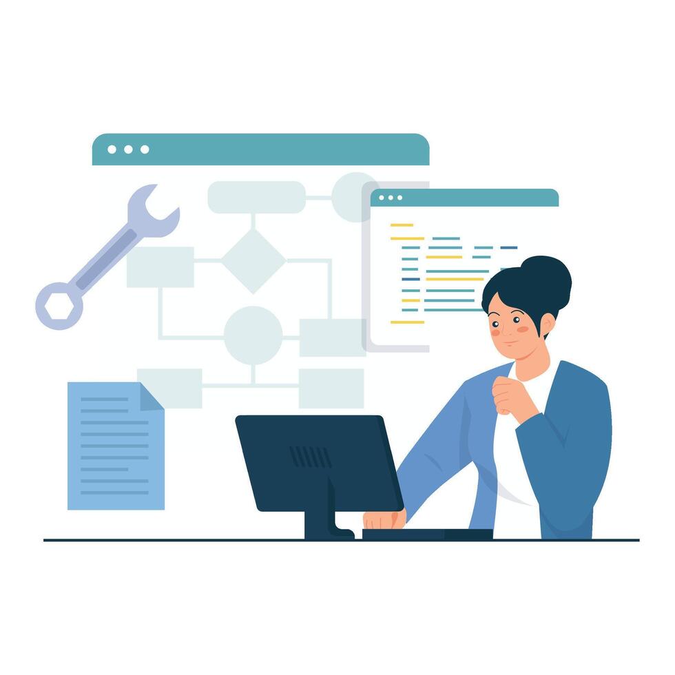 A woman works with logic flowcharts and tools for software architecture and development. vector