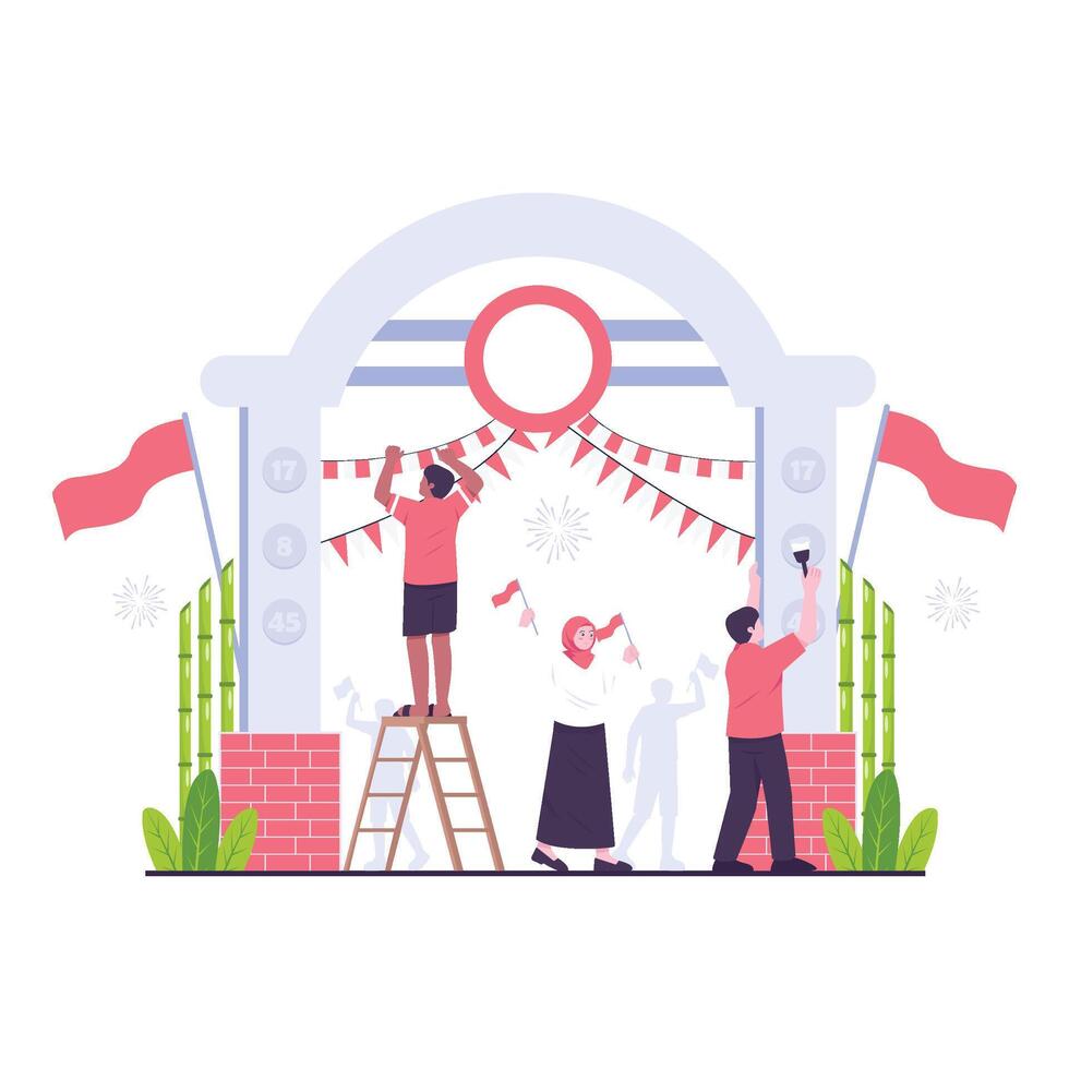 People preparing red and white decorations for Indonesia Independence Day celebration. vector