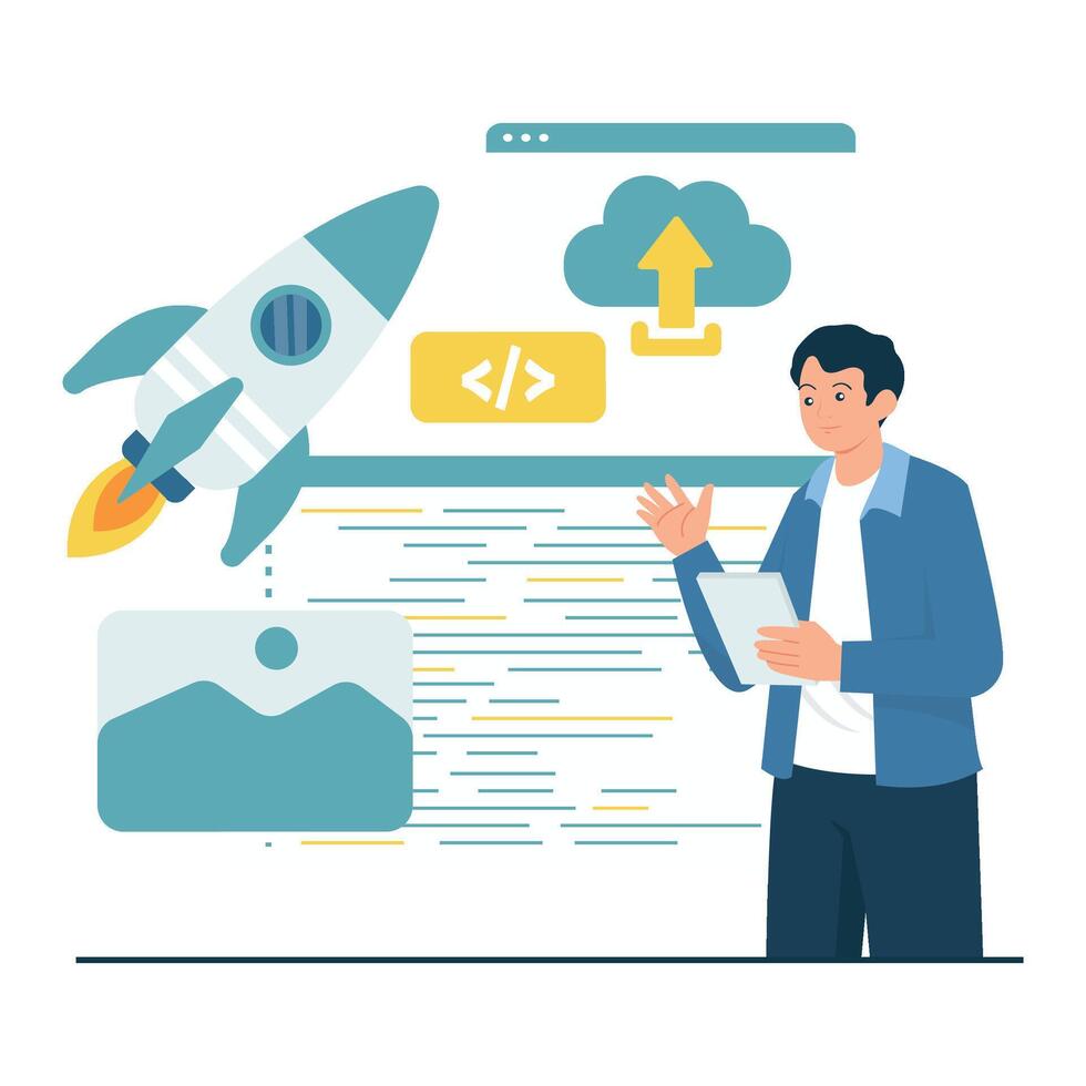 A developer works on launching an application with rocket and cloud upload symbols. vector