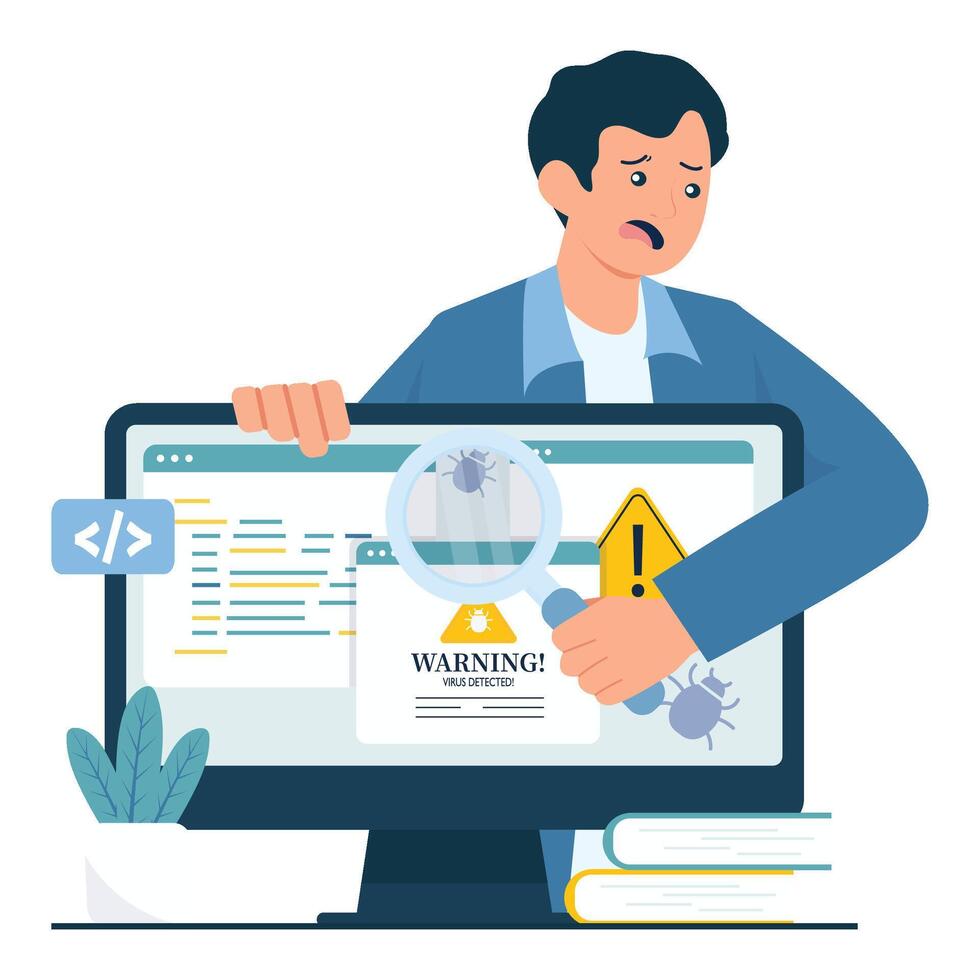 A worried developer finds a virus or bug in the system through code scanning. vector
