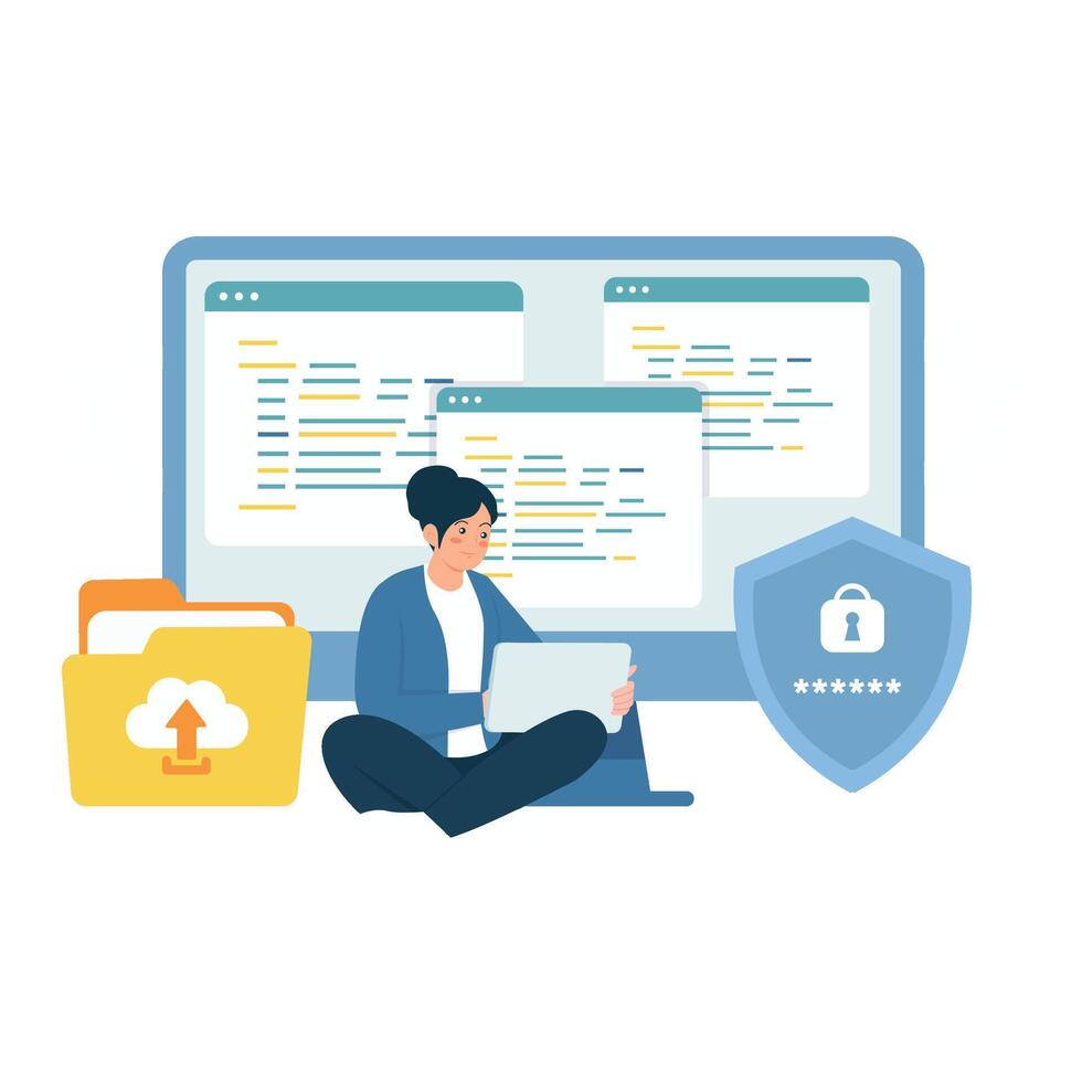 A female developer codes in front of a computer with file and shield icons for secure development. vector