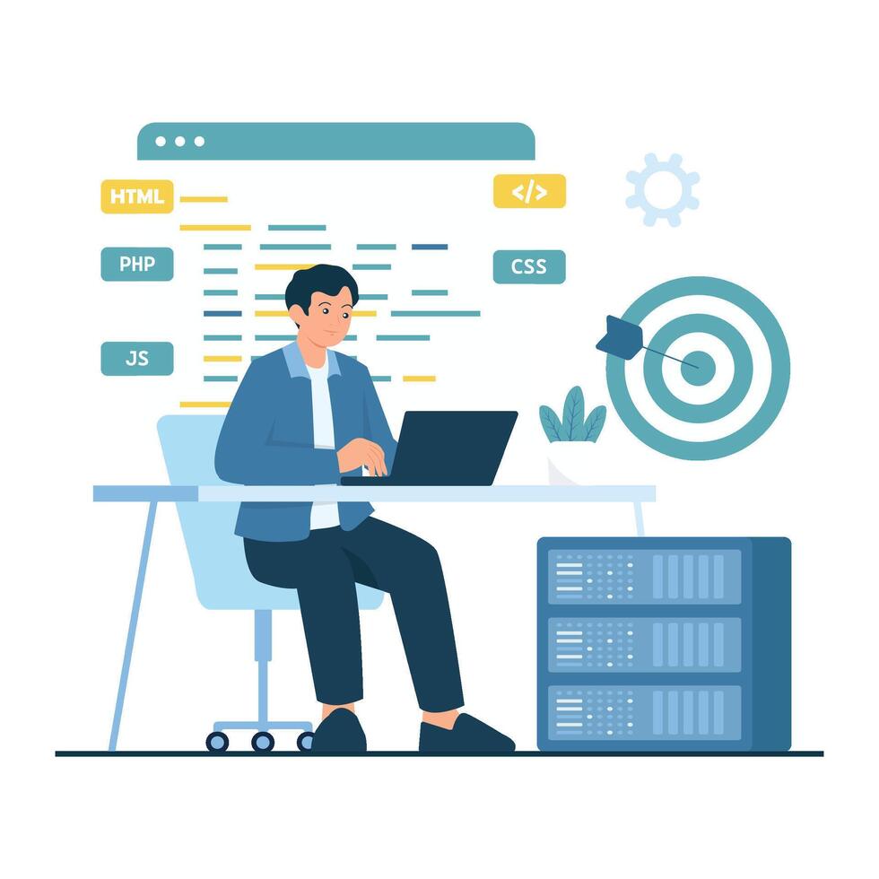 A programmer writes code with HTML, CSS, PHP, and JS tags displayed on screen. vector