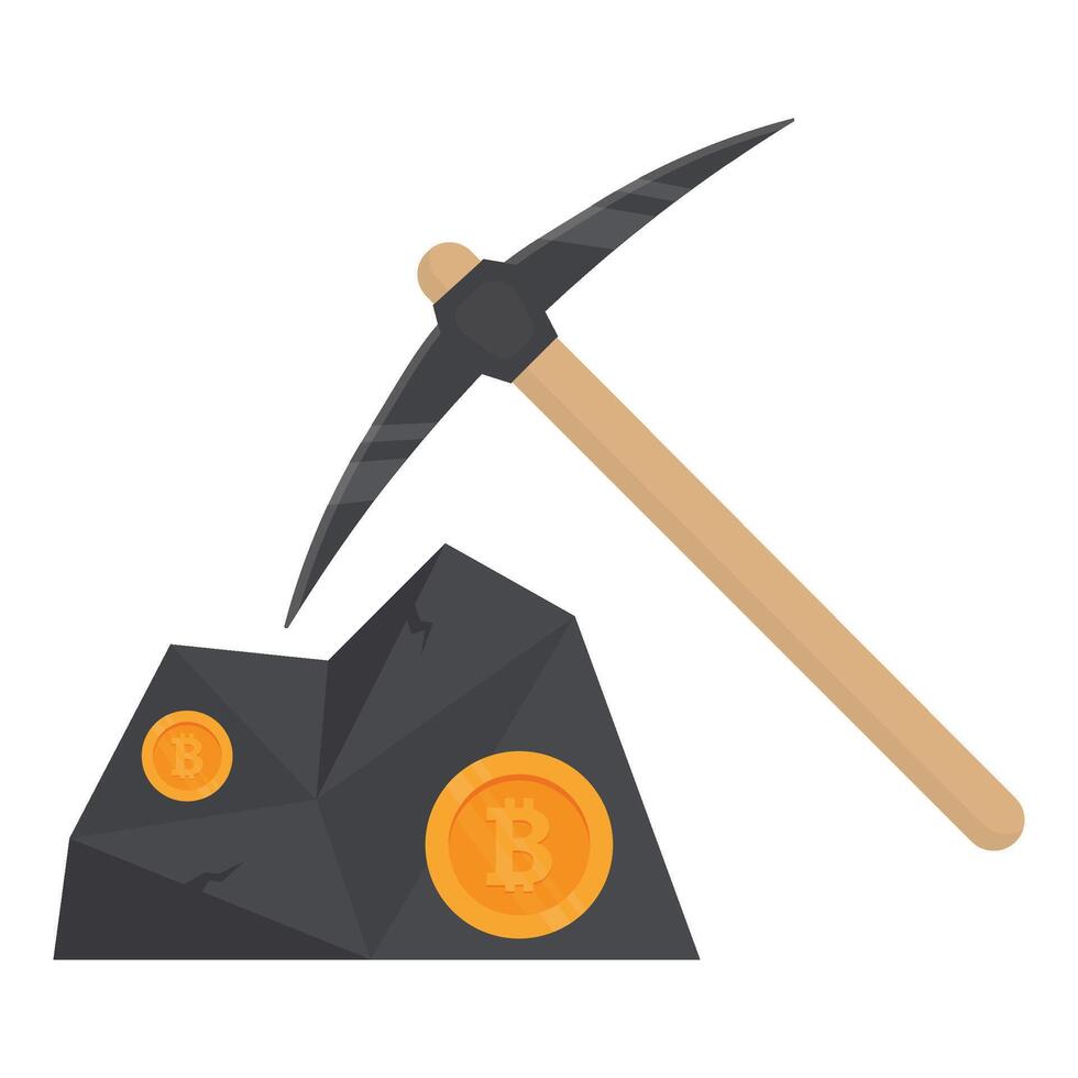 Pickaxe mining gold bitcoins from rocks, representing digital cryptocurrency mining. vector