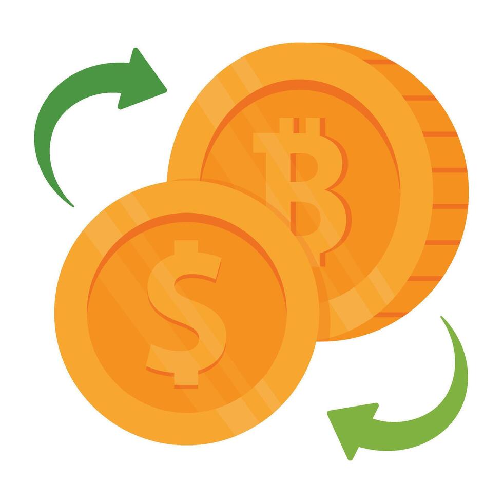 Dollar and Bitcoin coins with arrows indicating digital currency conversion. vector