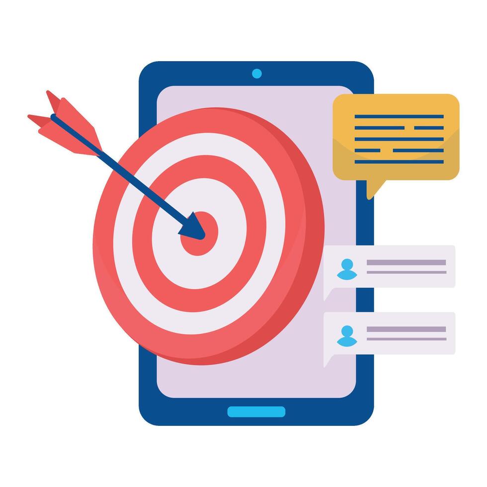 A mobile phone with a bullseye and arrow representing a targeted digital advertising campaign. vector