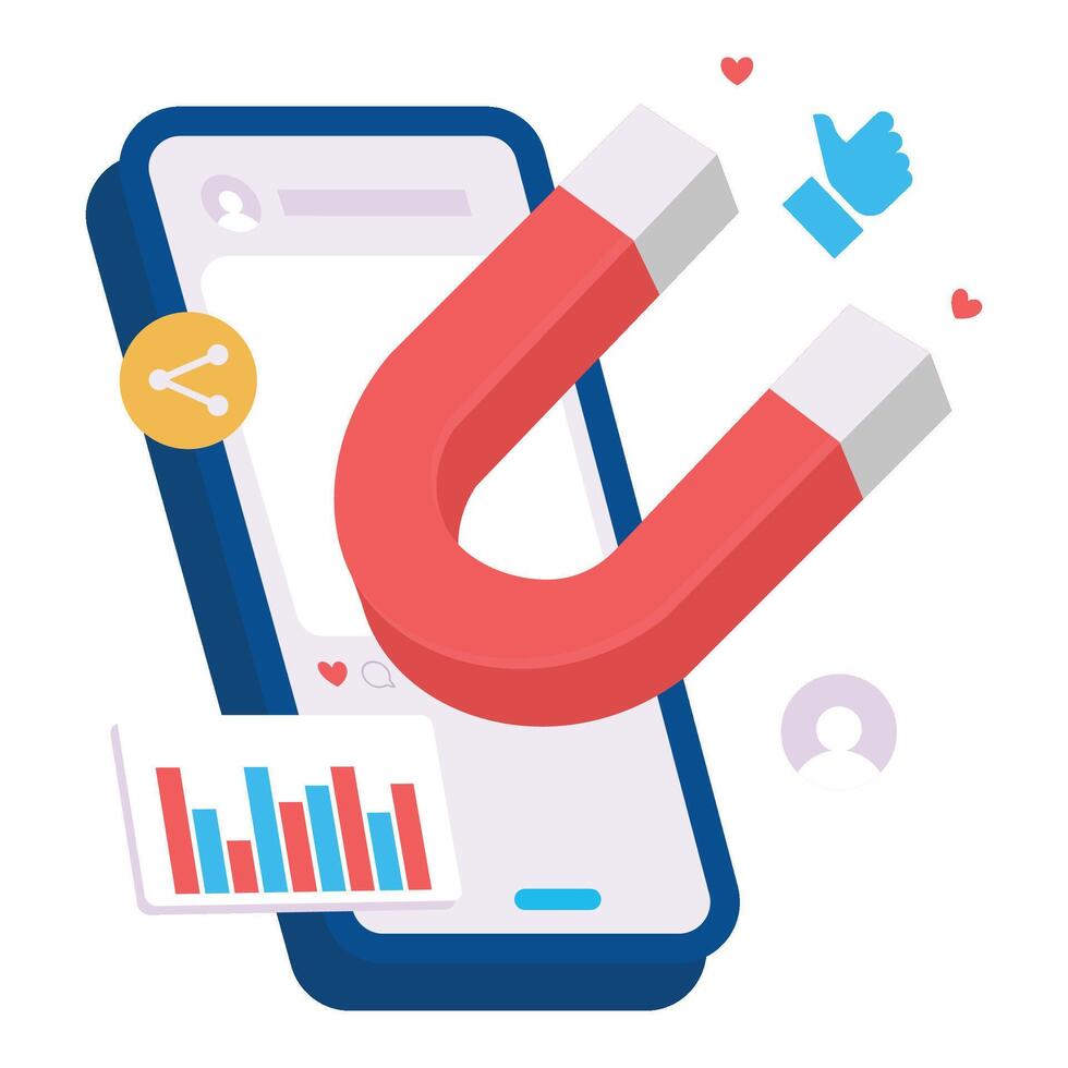 A magnet attracts social media icons and charts on a smartphone, illustrating digital engagement. vector