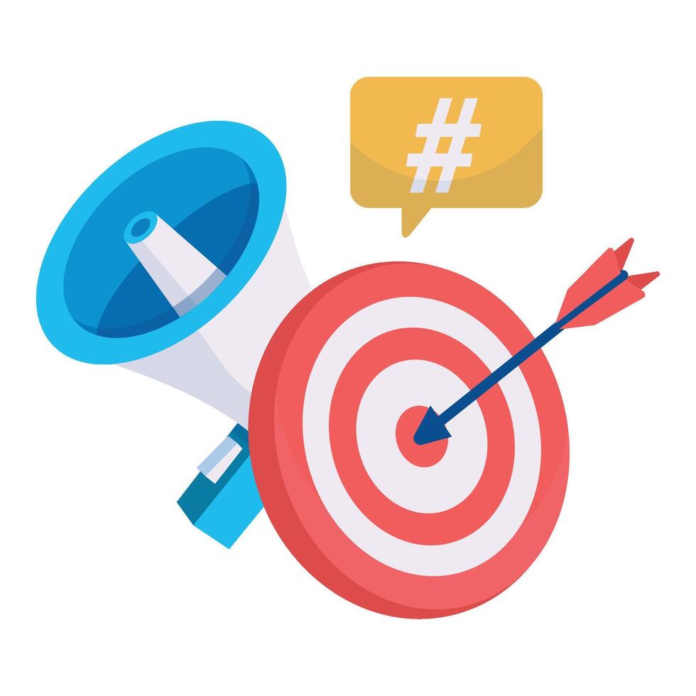 A megaphone, bullseye, and hashtag icon depict focused hashtag-driven promotions. vector