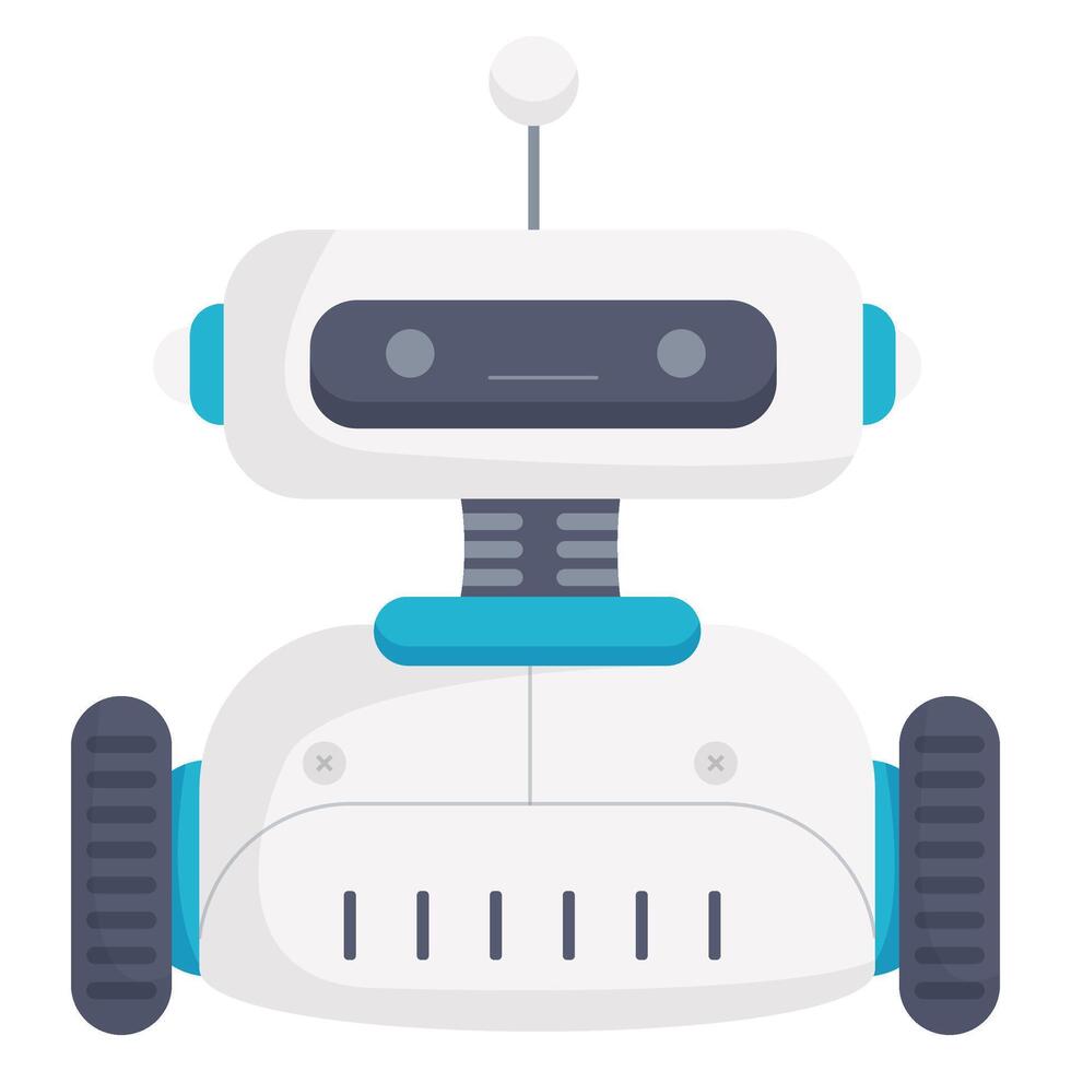 A cute white robot with wheels and a rectangular faceplate, designed in a flat style. vector