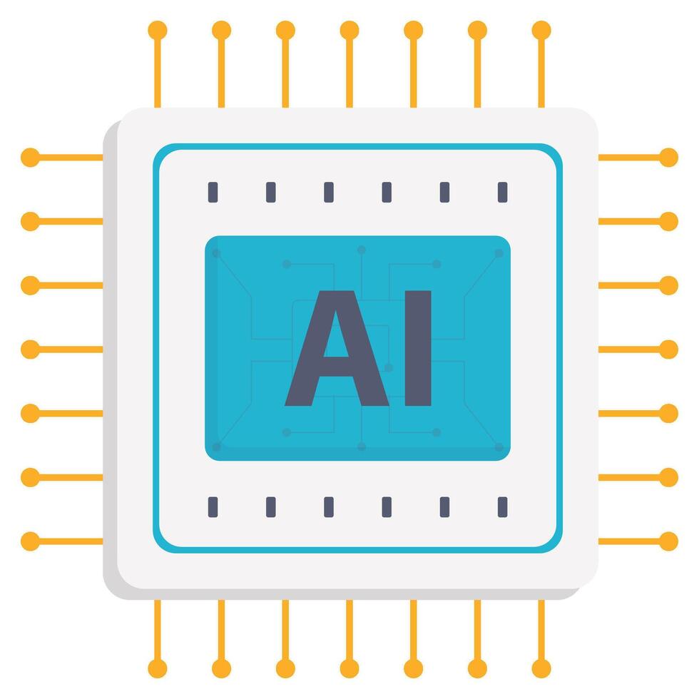 A digital illustration of an AI microchip with orange connections symbolizing intelligent processing. vector