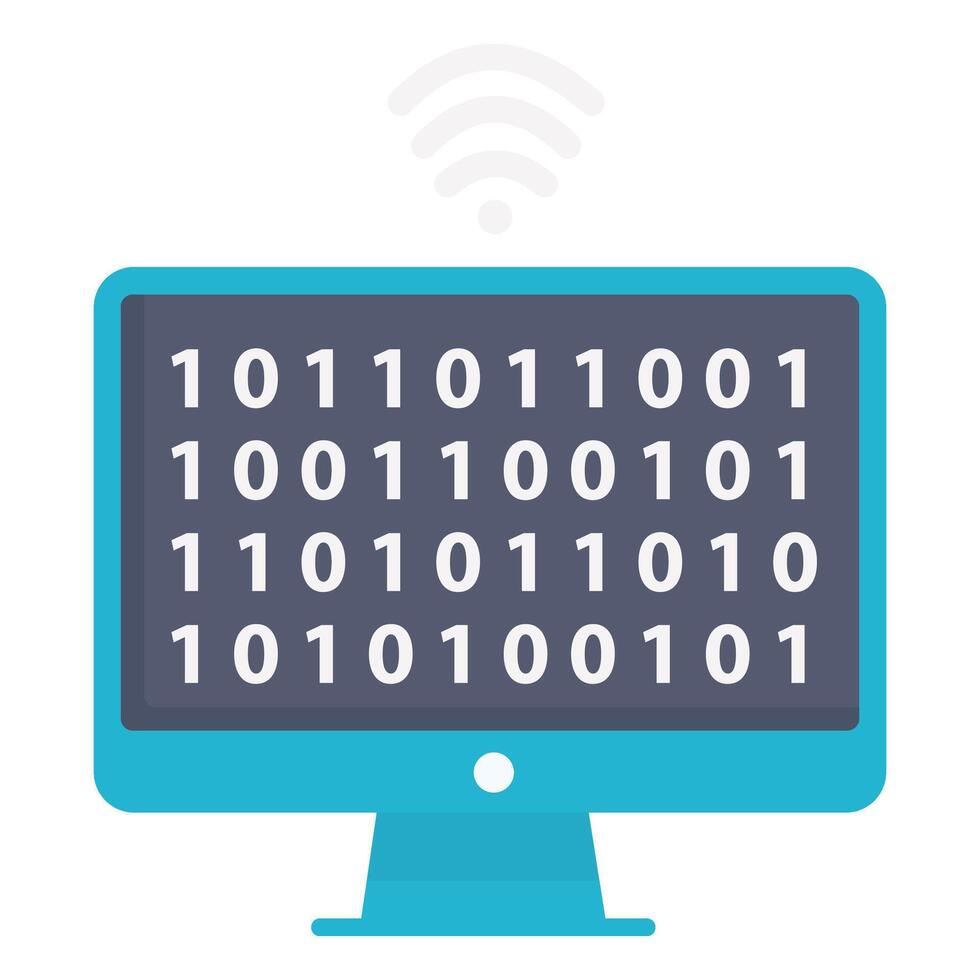 A flat-style screen displaying binary numbers, symbolizing data processing and coding. vector