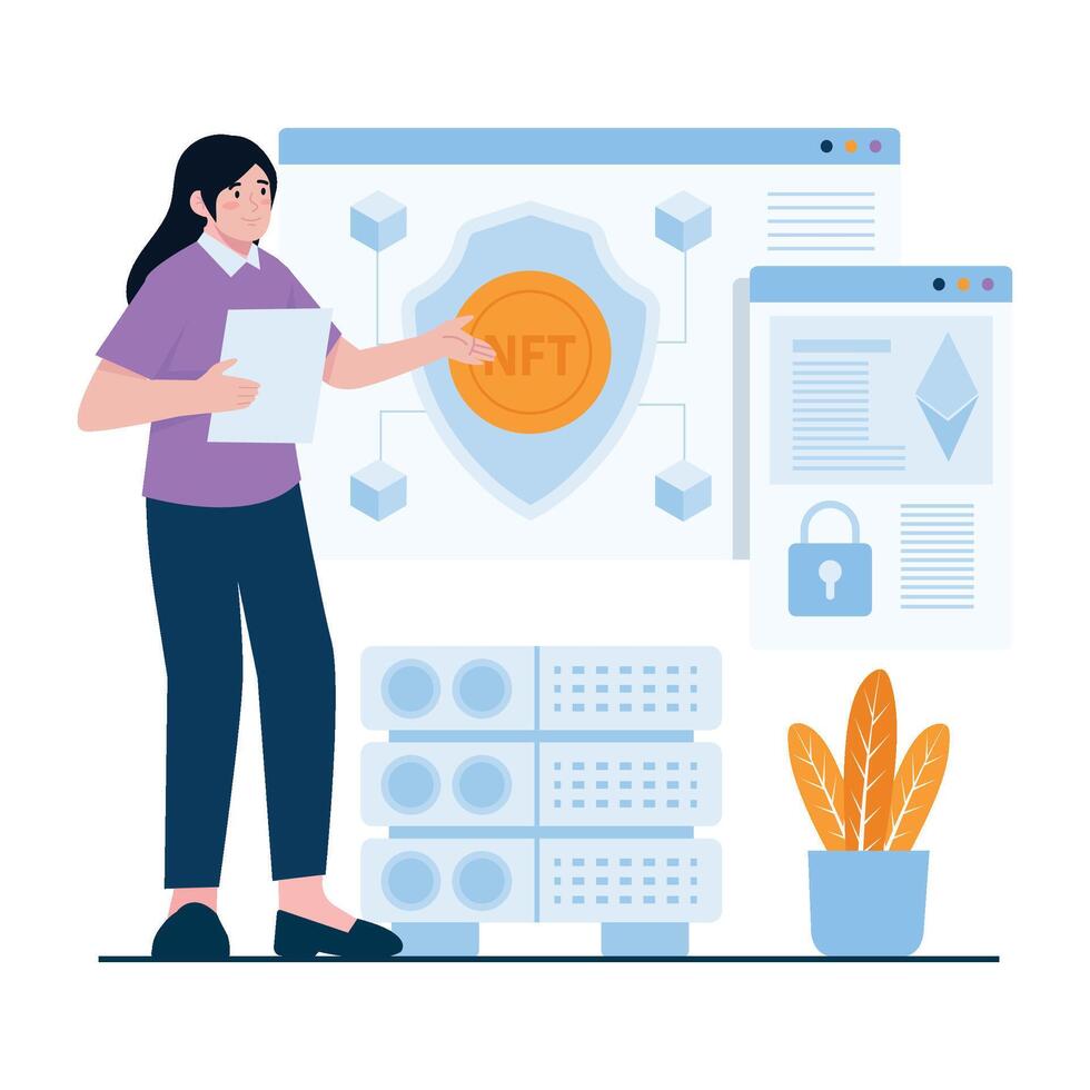 A woman explaining a blockchain-based shield system for NFT protection. vector