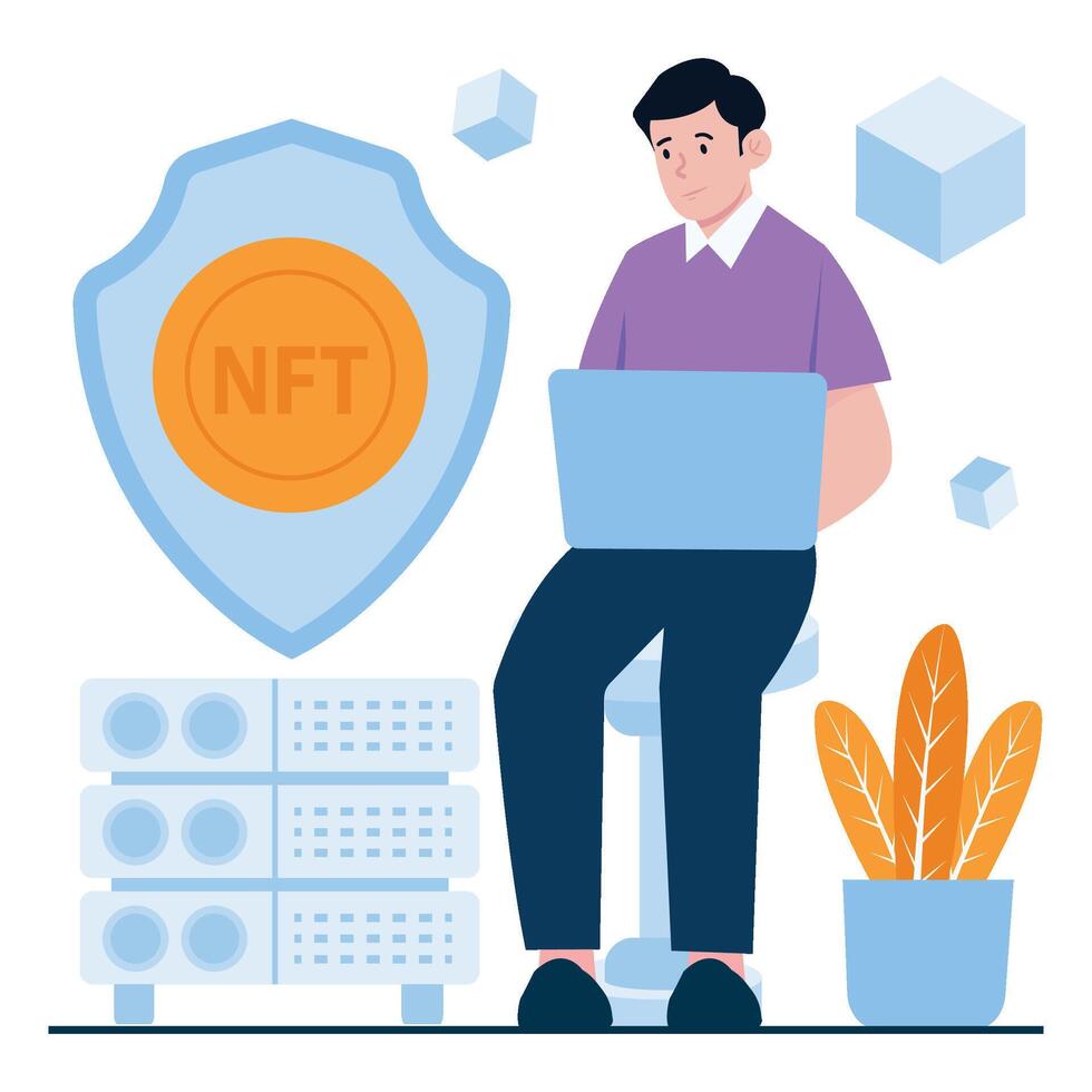 A man using a laptop in front of a system protecting NTFs through blockchain. vector