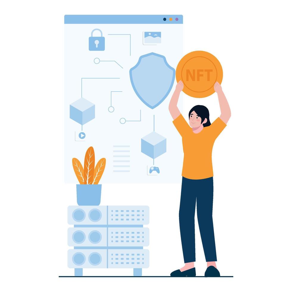 A woman raising an NFT coin while blockchain security visuals appear behind. vector